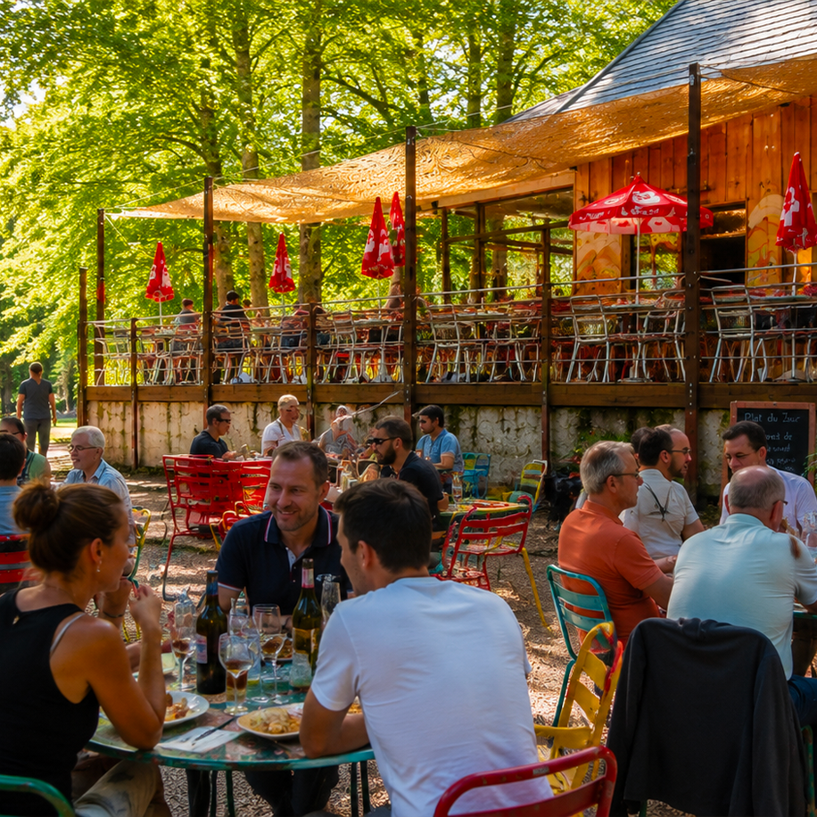 Ambiance festive en terrasse au Petit Poucet avec public et animations, Saint-Léon