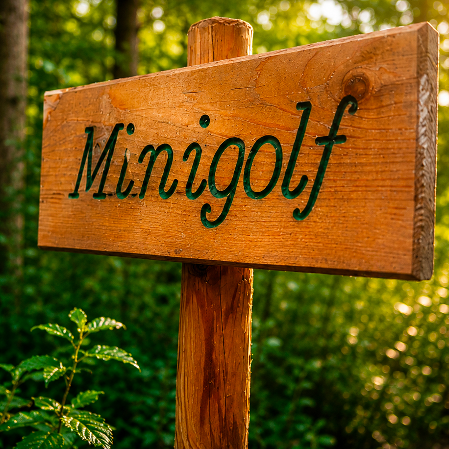 Panneau Minigolf en bois sculpté au Petit Poucet, Saint-Léon Allier