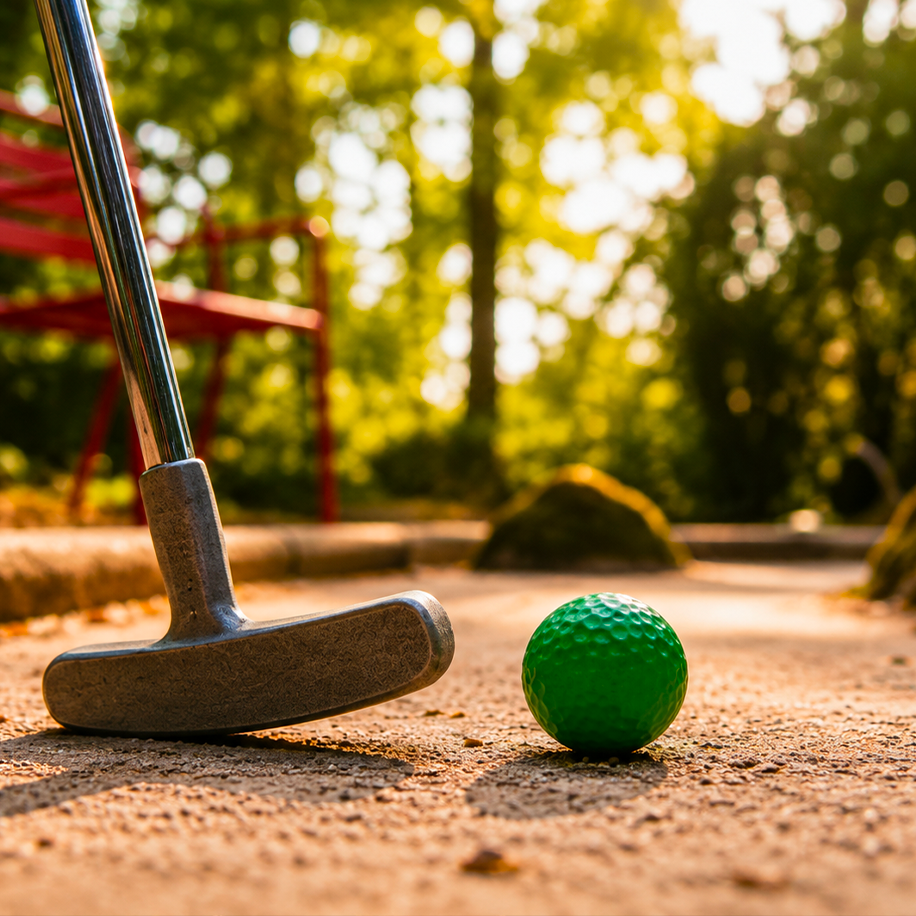 Club de minigolf et balle verte sur le parcours plein air du Petit Poucet, Saint-Léon