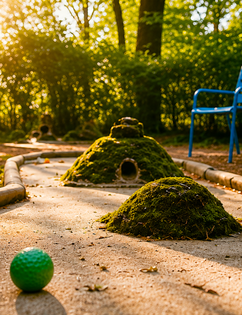 Parcours de minigolf plein air avec buttes de mousse verte au Petit Poucet, Saint-Léon Allier