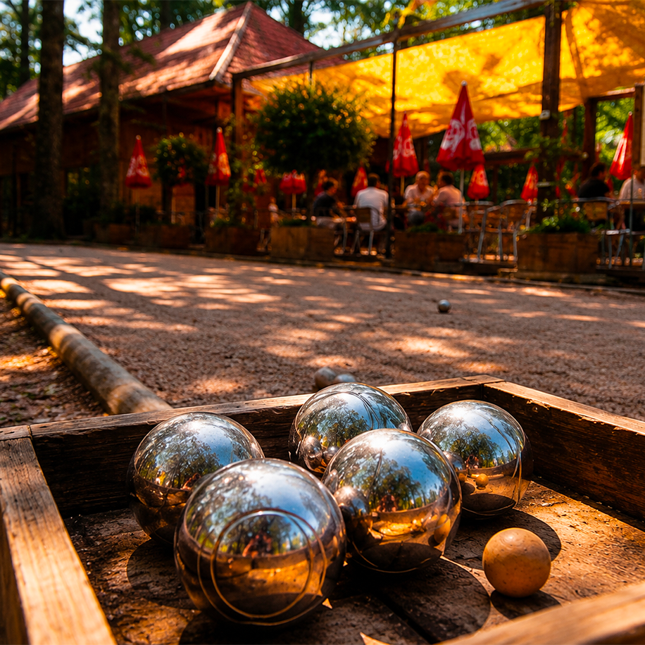Boules de pétanque sur le terrain du Petit Poucet avec joueur en arrière-plan