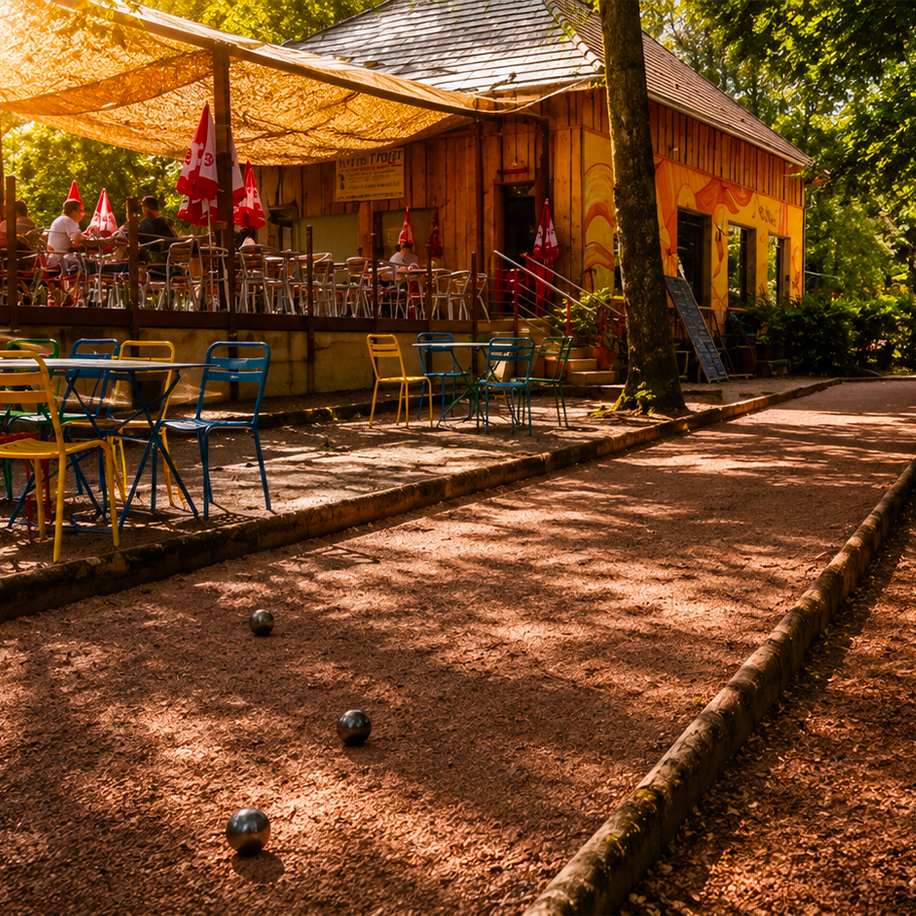 Allée du domaine Le Petit Poucet avec tables et terrain de pétanque, Saint-Léon