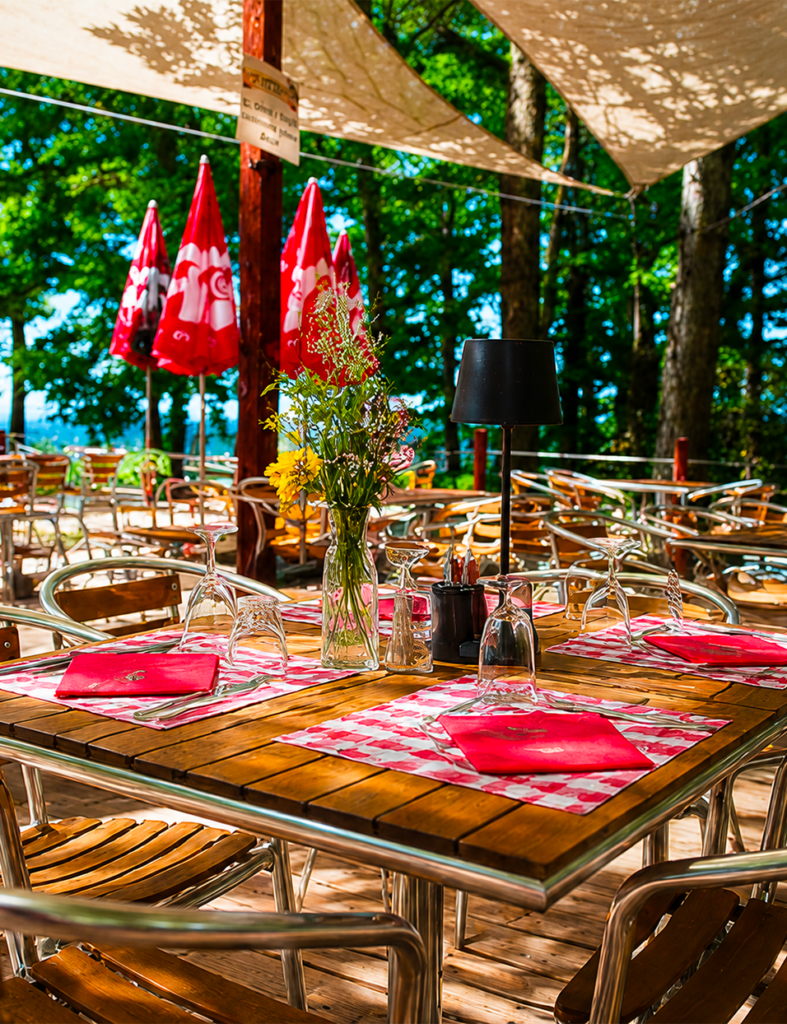 Vue d'ensemble du domaine Le Petit Poucet avec terrasse, tables et verdure, Saint-Léon Allier