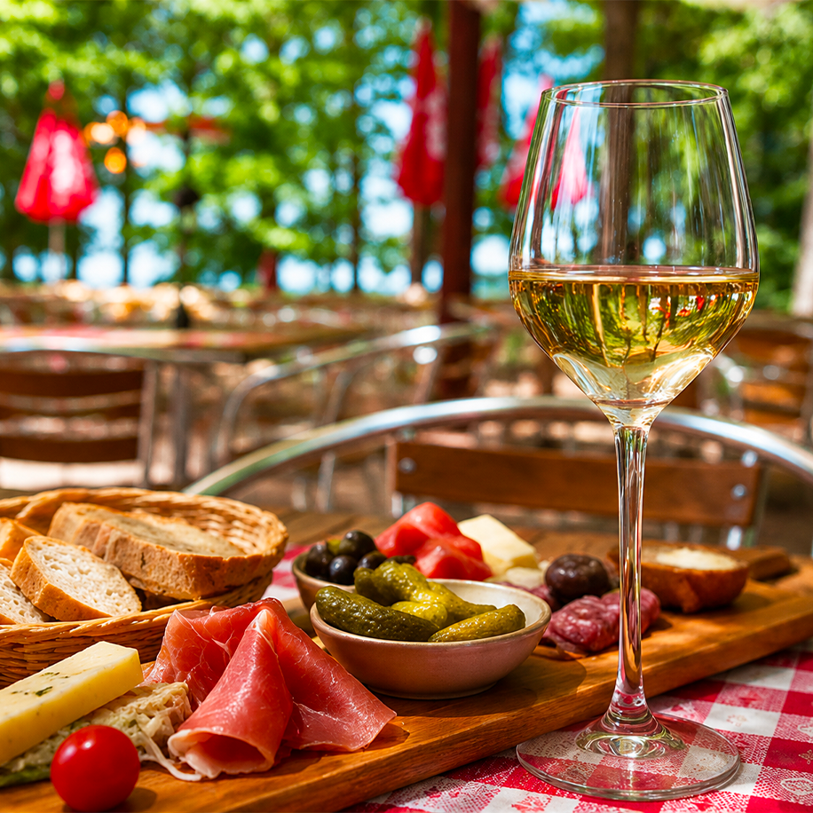 Verre de vin blanc et pain sur table dressée en terrasse, bar restaurant Le Petit Poucet Saint-Léon