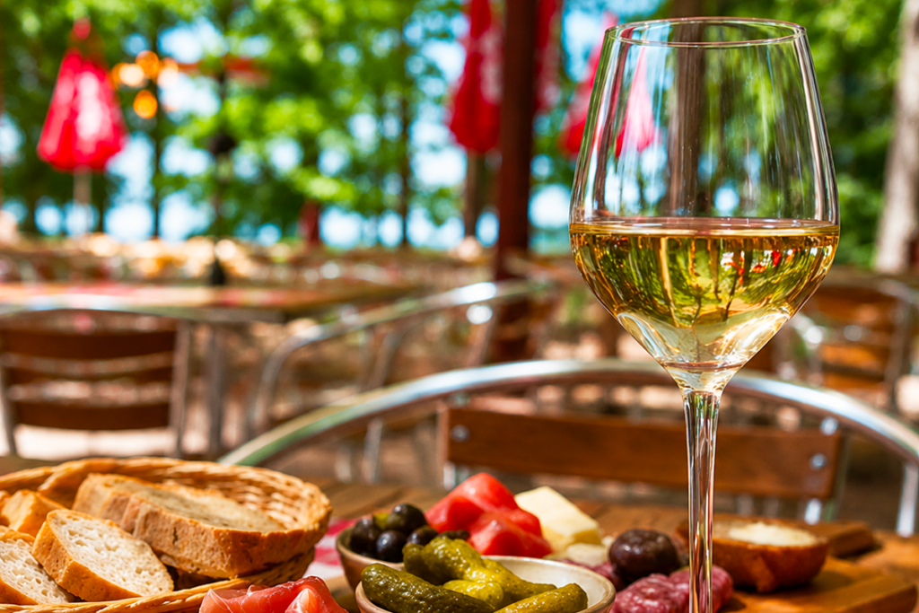 Vue rapprochée de la terrasse du Petit Poucet avec verre et végétation, Saint-Léon