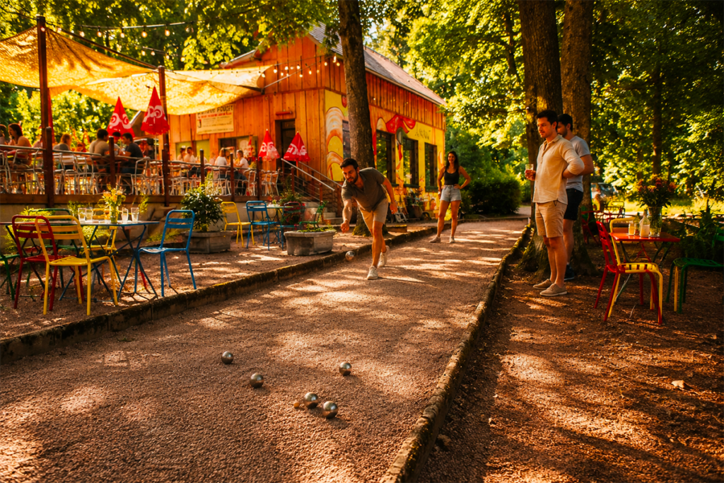 Terrasse du Petit Poucet avec lampe, tables et parasols rouges dans un écrin de verdure