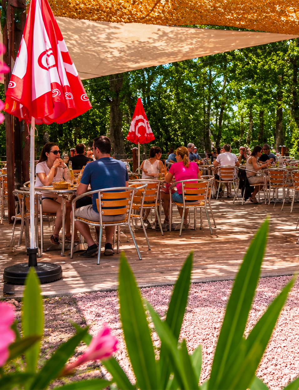 Terrasse animée du Petit Poucet avec clients et parasols rouges, Saint-Léon Allier